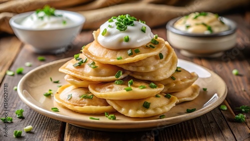 Pierogi ruskie stacked on a plate, crispy outside and fluffy inside, topped with sour cream and chives photo