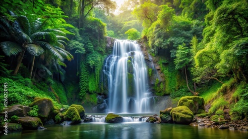 Waterfall cascading through lush green forest, trees, biodiversity,  trees, biodiversity, foliage, fauna , outdoors