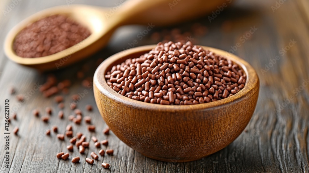 Brown sprinkles in wooden bowl on dark wood Brown sprinkles in wooden bowl on dark wood