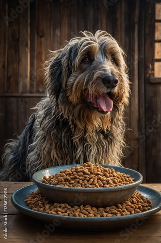 A shaggy dog sits beside a bowl filled with dog food in a rustic setting.