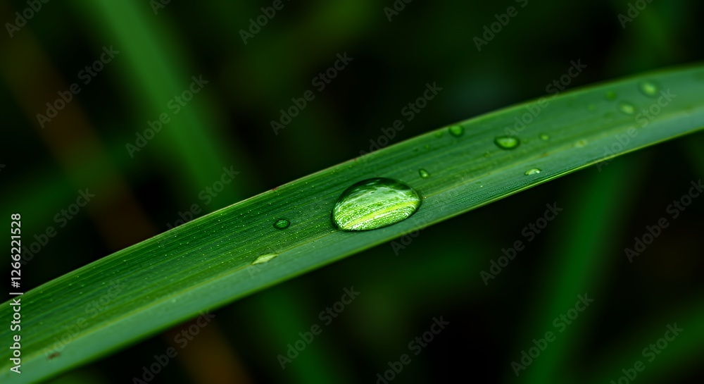 Obraz premium Water Droplet on Green Blade of Grass Macro Shot