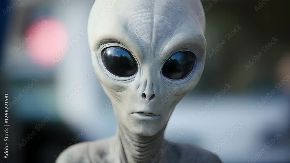 Realistic alien head with large black eyes closeup view. Gray extraterrestrial creature. Science fiction character design for movies and entertainment Realistic alien head with large black eyes closeup view. Gray extraterrestrial creature. Science fiction character design for movies and entertainment