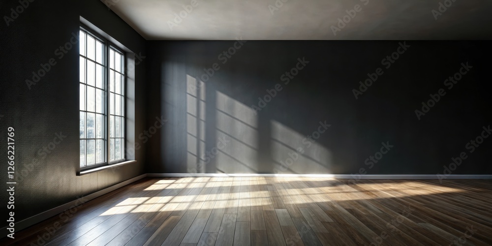 Obraz premium Darkened room with black wall and polished floor, illuminated by a sunlit window casting a beautiful shadow