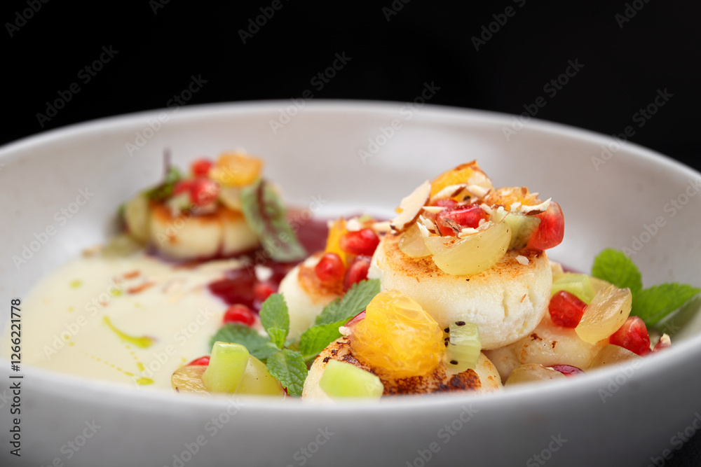Fried cheesecakes with sauce and pieces of fruit Fried cheesecakes with sauce and pieces of fruit