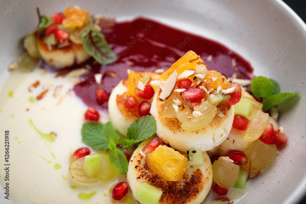 Fried cheesecakes with sauce and pieces of fruit Fried cheesecakes with sauce and pieces of fruit