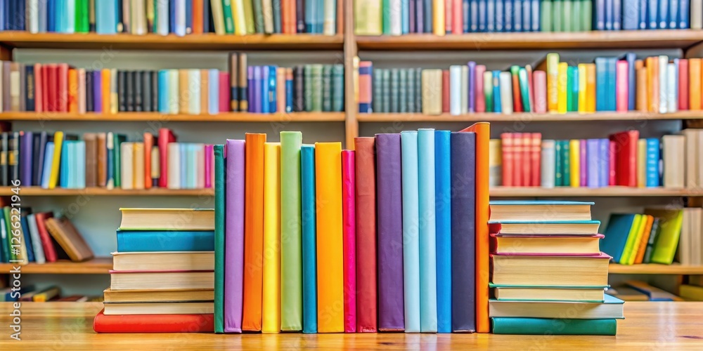Stack of colorful books at a local library shelf with varied shapes and sizes , shelf, literature, shelf, literature,books Stack of colorful books at a local library shelf with varied shapes and sizes , shelf, literature, shelf, literature,books