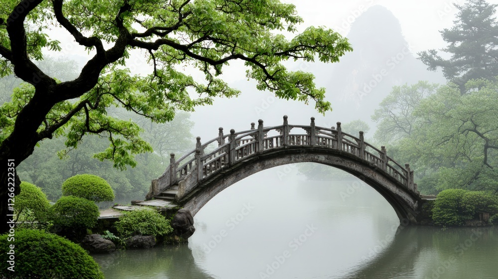 Fototapeta premium Serene Stone Bridge Misty Asian Garden Tranquil Pond Lush Greenery