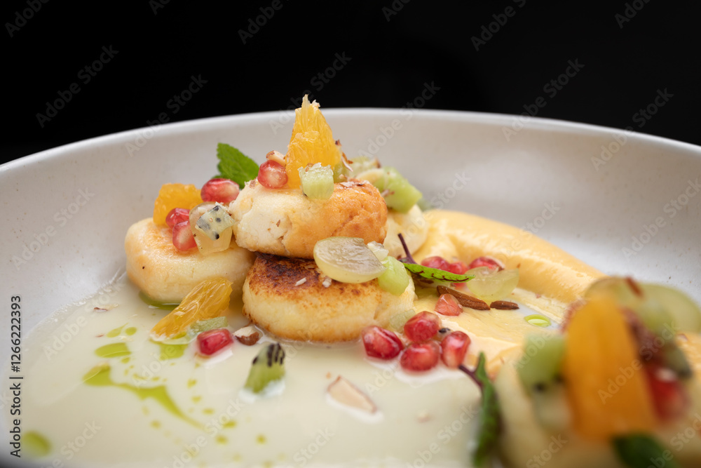 Fried cheesecakes with sauce and pieces of fruit Fried cheesecakes with sauce and pieces of fruit