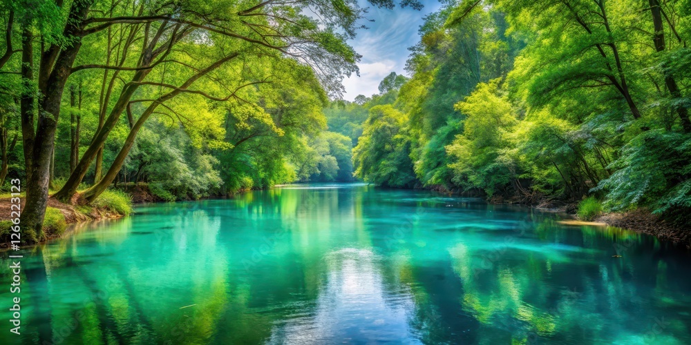 Obraz premium Serene forest landscape with a peaceful turquoise river flowing gently through it, surrounded by lush greenery and tall trees , water, peaceful river