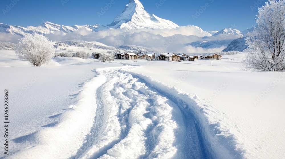 Majestic Matterhorn Winter Landscape Snow Path to Swiss Village Majestic Matterhorn Winter Landscape Snow Path to Swiss Village