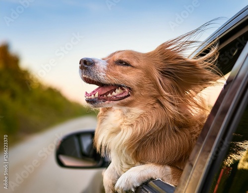 chien dans une voiture la tête sortie par la fenêtre la truffe au vent, heureux en ia photo