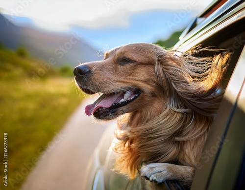 chien dans une voiture la tête sortie par la fenêtre la truffe au vent, heureux en ia photo