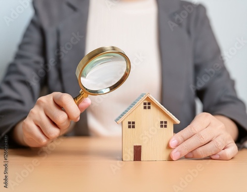 recherche maison, recherche immobilière avec une petite maison et une loupe en ia