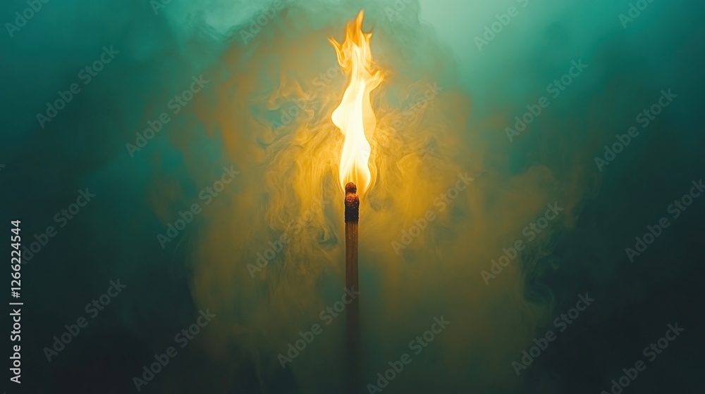 Naklejka premium Burning matchstick in smoky, teal-toned environment