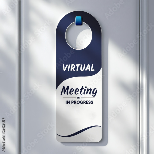 A stylish door hanger for virtual meetings, featuring bold sans-serif text and icons like webcam, microphone, headphones, and laptop. Perfect for offices, remote work, or home use. photo