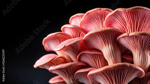 Close-up of pink oyster mushrooms on a black background, oyster mushroom, mycology,  oyster mushroom, mycology, texture
