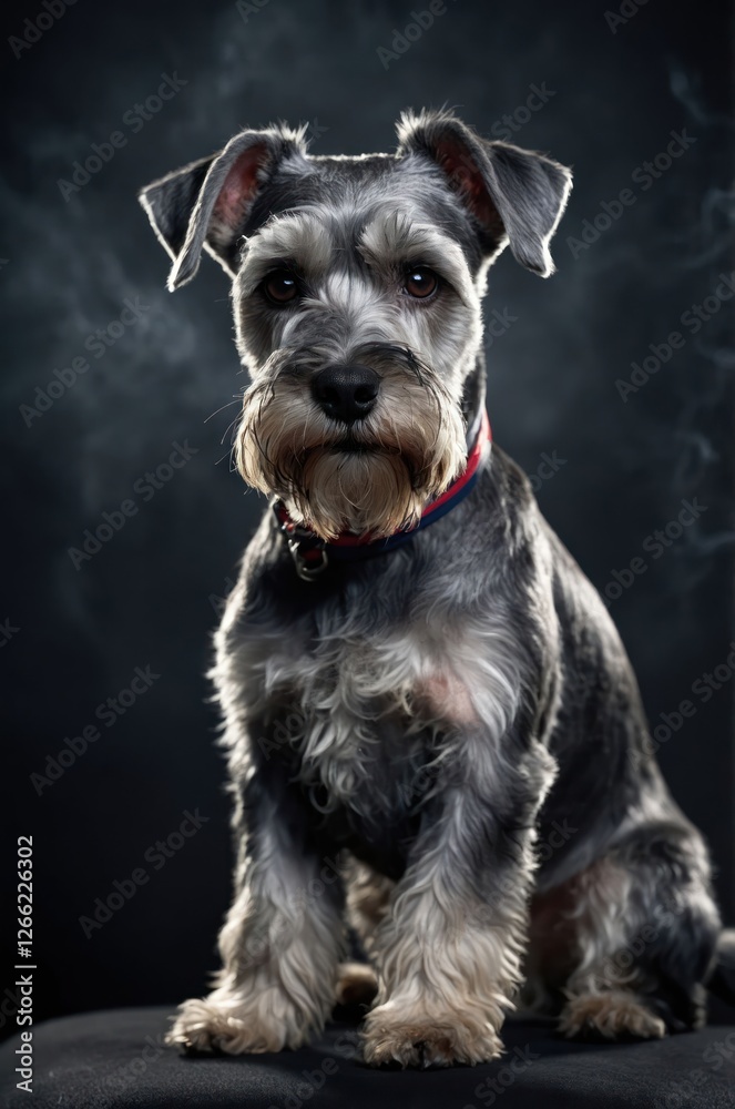 A portrait of a dog with a strong expression against a dark background. A portrait of a dog with a strong expression against a dark background.