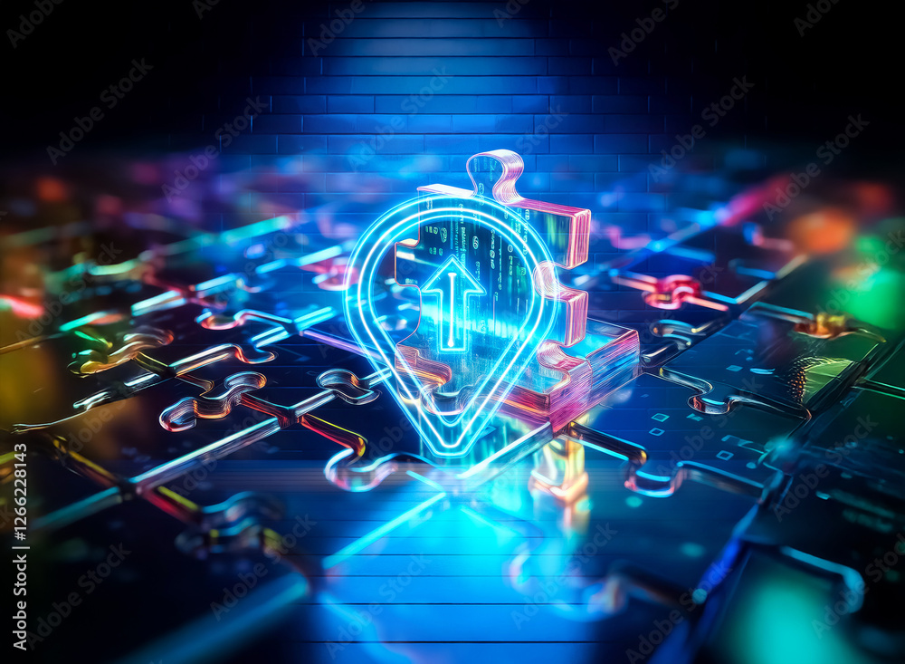 Fototapeta premium Glowing location pin icon illuminates a digital puzzle, creating a futuristic tech and cyberspace concept with vibrant neon colors.