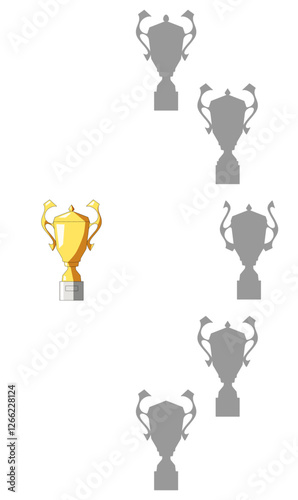 Find the correct shadow of the golden cup. Trophy. Vector illustration on a white background for children's entertainment, activity book, worksheet.