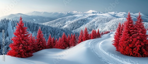 Red fir trees on snowy mountain path winter landscape photo