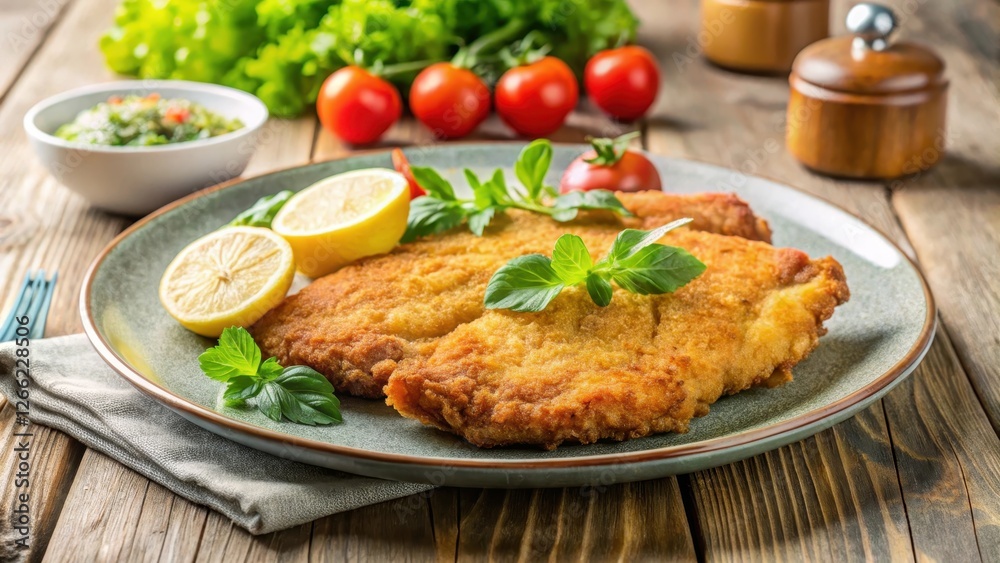 Veal cutlet breaded and fried on a plate in the kitchen, Italian veal cutlet Veal cutlet breaded and fried on a plate in the kitchen, Italian veal cutlet