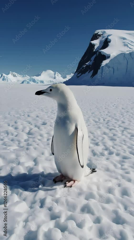 Adelie penguin walking gracefully across snowy antarctic plains under bright blue sky Adelie penguin walking gracefully across snowy antarctic plains under bright blue sky