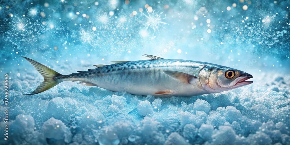 Freshly frozen mackerel fish on ice with scattered snowflakes and frosty atmosphere, winter scene Freshly frozen mackerel fish on ice with scattered snowflakes and frosty atmosphere, winter scene