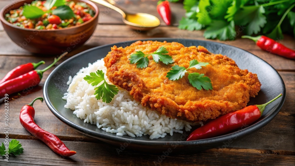 Crispy fried pork cutlet served on a plate with steaming hot curry and fluffy rice on the side, garnished with fresh cilantro leaves and sliced chilies, mealtime, dinner Crispy fried pork cutlet served on a plate with steaming hot curry and fluffy rice on the side, garnished with fresh cilantro leaves and sliced chilies, mealtime, dinner