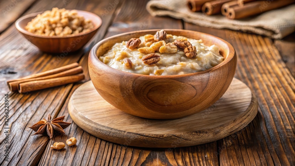 Steaming bowl of creamy oatmeal with a sprinkle of cinnamon and chopped walnuts on top in a rustic wooden bowl , nutrition Steaming bowl of creamy oatmeal with a sprinkle of cinnamon and chopped walnuts on top in a rustic wooden bowl , nutrition