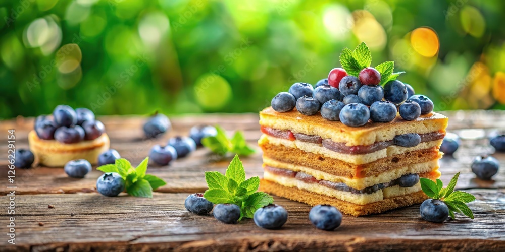 Colorful collage made from layers of sweet pastry with fresh blueberries on a rustic wooden table surrounded by greenery and soft natural light effects, natural light, foliage Colorful collage made from layers of sweet pastry with fresh blueberries on a rustic wooden table surrounded by greenery and soft natural light effects, natural light, foliage