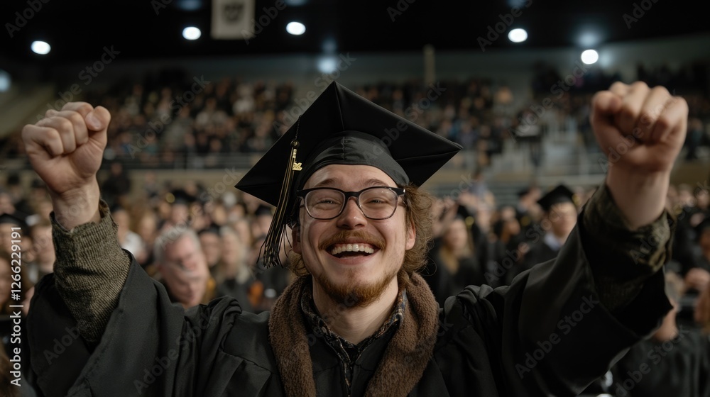 Fototapeta premium A cheerful graduate raises both fists in triumph, beaming with joy among a crowd of fellow graduates celebrating their accomplishments during a commencement event at an arena