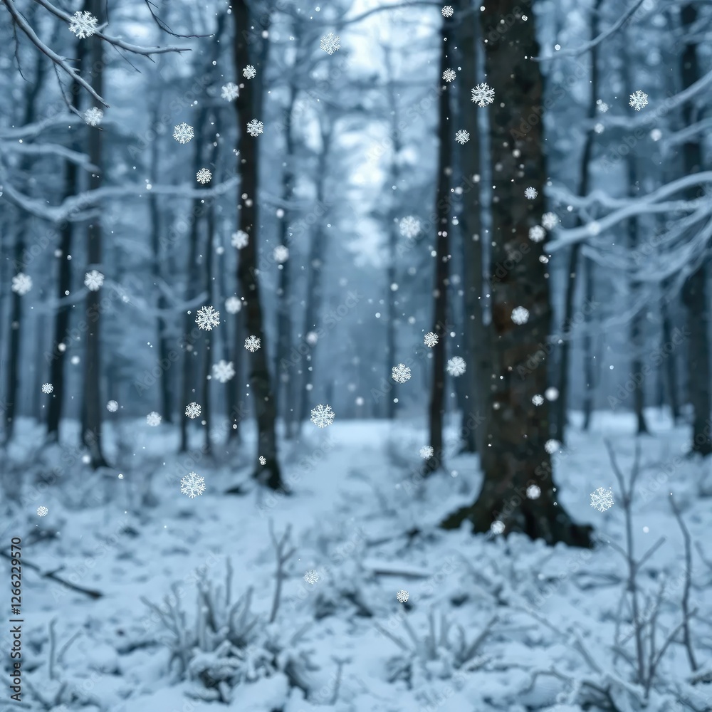 Snowflakes fall gently on a frosty forest floor, delicate crystals, wintery landscape Snowflakes fall gently on a frosty forest floor, delicate crystals, wintery landscape