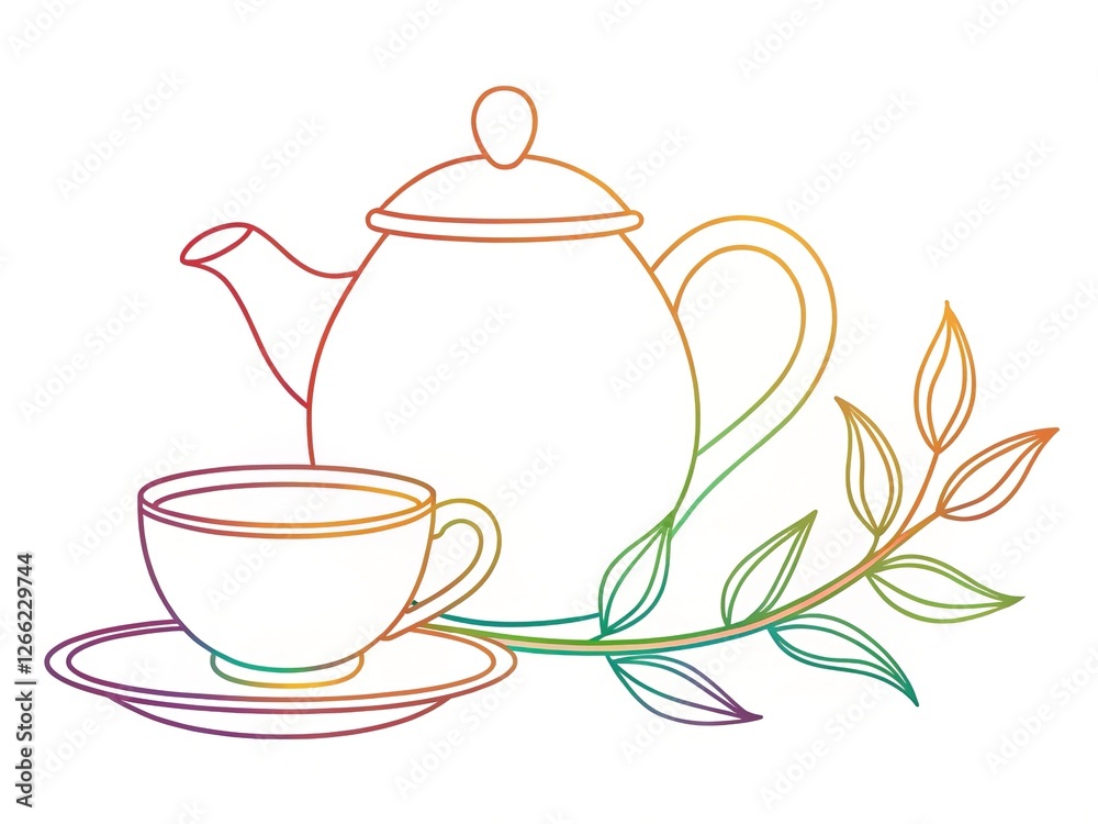 Teapot and Cup of Herbal Tea in Continuous Line Art Drawing Style Teapot and Cup of Herbal Tea in Continuous Line Art Drawing Style