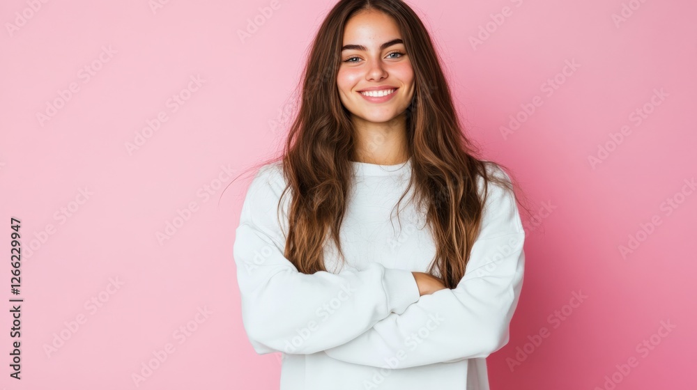 Smiling Young Woman in Casual Sweater Against Pink Background Smiling Young Woman in Casual Sweater Against Pink Background