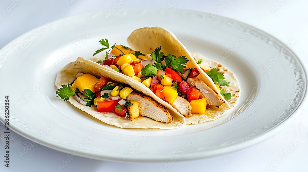 Soft Tortilla Taco with Seasoned Chicken Mango and Fresh Vegetables on White Plate
Soft Tortilla Taco with Seasoned Chicken Mango and Fresh Vegetables on White Plate
