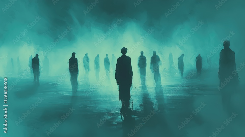 mysterious silhouettes in green fog. surreal illustration with a dark atmosphere.