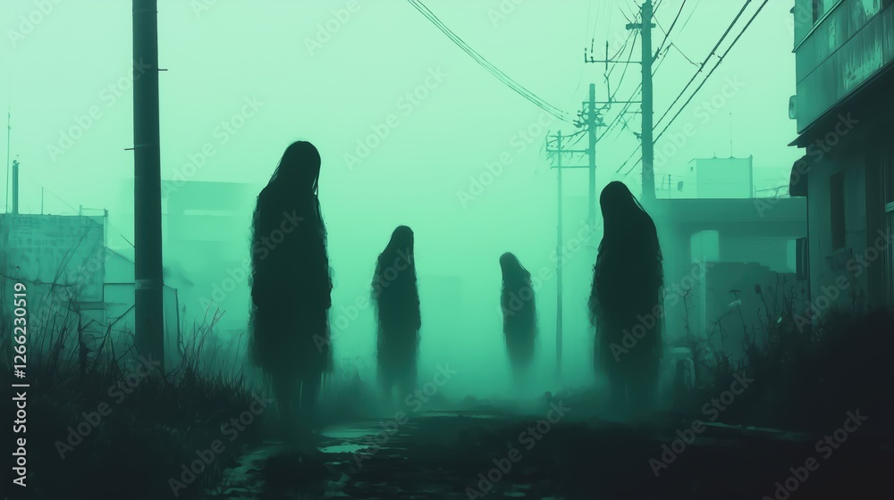 mysterious silhouettes in green fog. surreal illustration with a dark atmosphere.