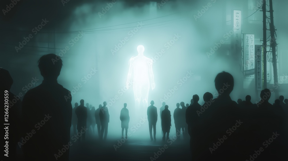 a bright figure emanating light stands among shadows. surreal illustration with a mysterious atmosphere.