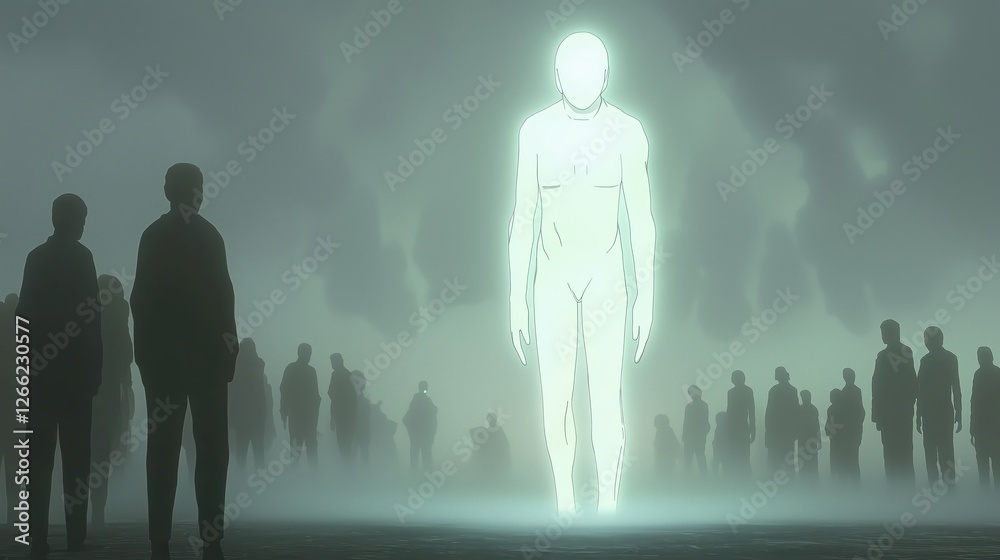 a bright figure emanating light stands among shadows. surreal illustration with a mysterious atmosphere.