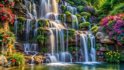 Waterfall cascade on rocky cliffs with lush greenery and vibrant flowers