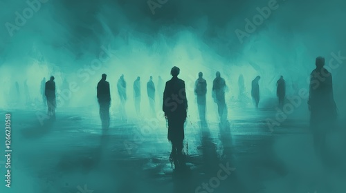 Obraz na płótnie mysterious silhouettes in green fog. surreal illustration with a dark atmosphere. w salonie