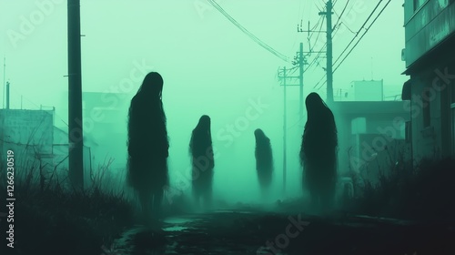 Obraz na płótnie mysterious silhouettes in green fog. surreal illustration with a dark atmosphere. w salonie