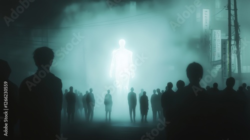 Obraz na płótnie a bright figure emanating light stands among shadows. surreal illustration with a mysterious atmosphere. w salonie