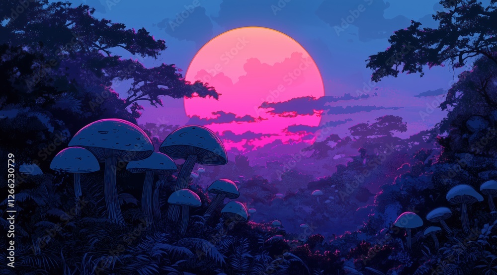 glowing mushrooms in a mystical forest. surreal landscape with a neon pink moon.