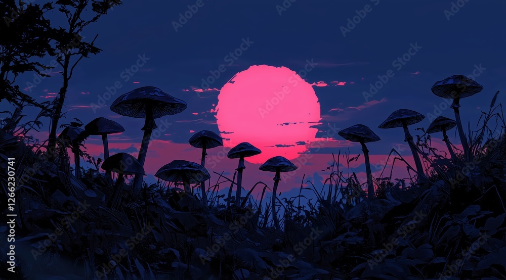 glowing mushrooms in a mystical forest. surreal landscape with a neon pink moon.