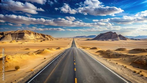 Desert highway stretches out into a seemingly endless horizon photo