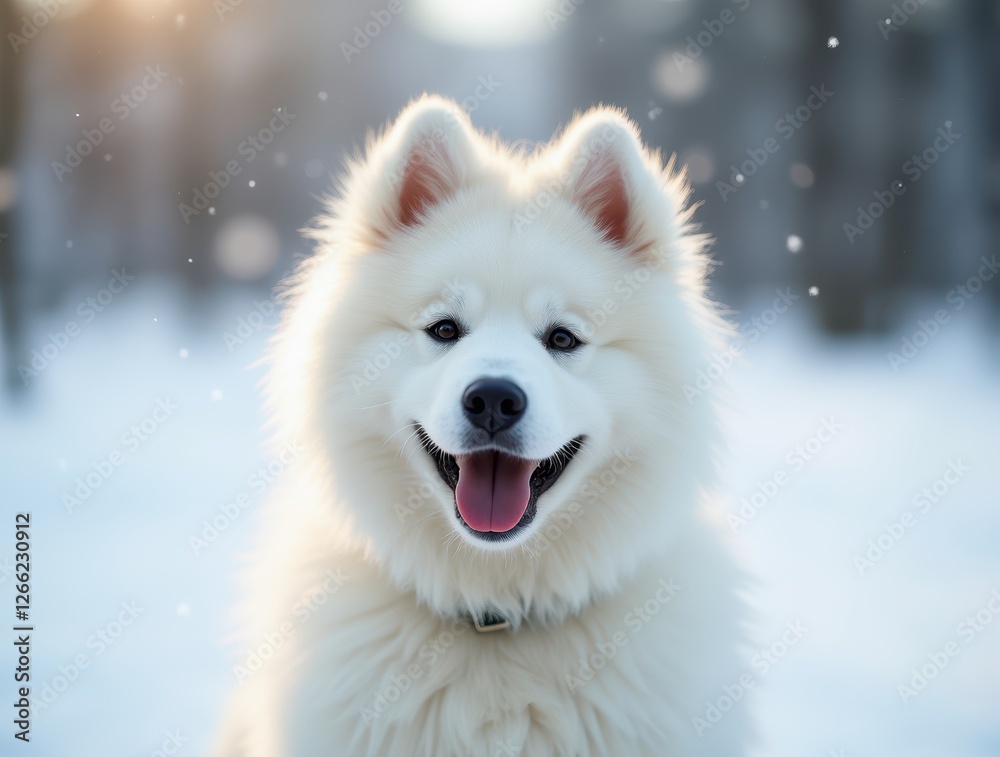 Fluffy samoyed puppy smiling in snowy landscape Fluffy samoyed puppy smiling in snowy landscape