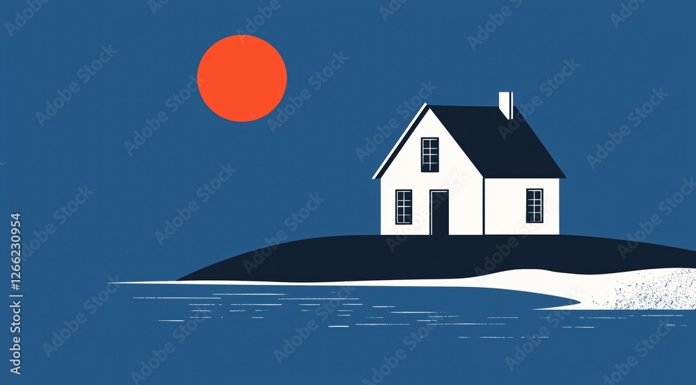 house on a hill by the water. minimalist landscape with a red sun