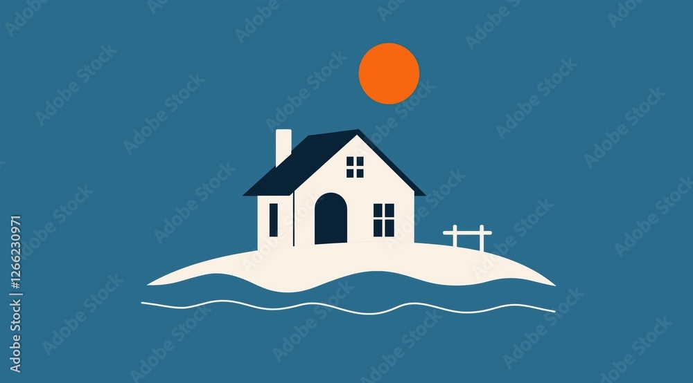 house on a hill by the water. minimalist landscape with a red sun
