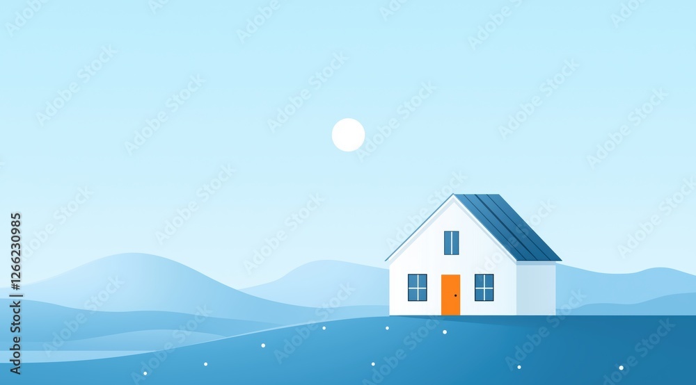 house on a hill in a dreamy blue landscape. minimalistic and peaceful illustration.